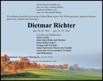 Traueranzeige von Dietmar Richter von Ostthüringer Zeitung