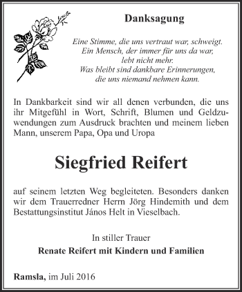 Traueranzeige von Siegfried Reifert von Thüringer Allgemeine, Thüringische Landeszeitung