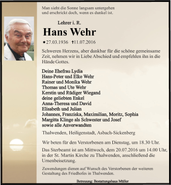 Traueranzeige von Hans Wehr von Thüringer Allgemeine