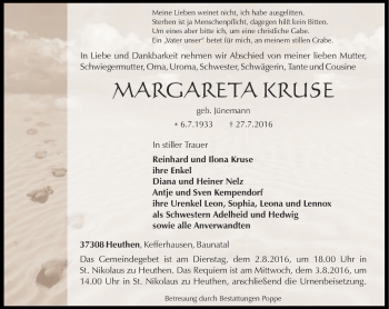 Traueranzeige von Margareta Kruse von Thüringer Allgemeine