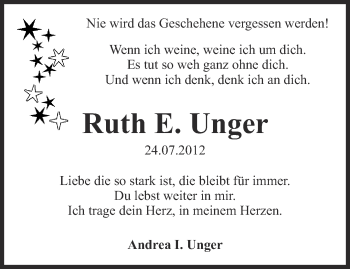 Traueranzeige von Ruth E. Unger von Ostthüringer Zeitung
