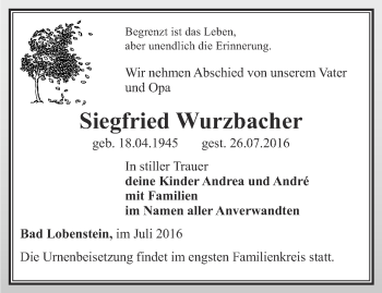Traueranzeige von Siegfried Wurzbacher von Ostthüringer Zeitung