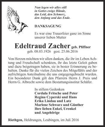 Traueranzeige von Edeltraud Zacher von Thüringer Allgemeine