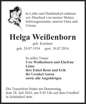 Traueranzeige von Helga Weißenborn von Thüringer Allgemeine, Thüringische Landeszeitung