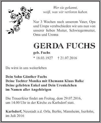 Traueranzeige von Gerda Fuchs von Ostthüringer Zeitung