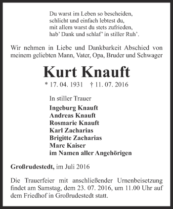 Traueranzeige von Kurt Knauft von Thüringer Allgemeine, Thüringische Landeszeitung