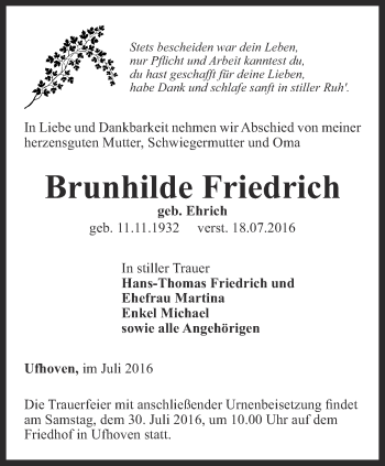 Traueranzeige von Brunhilde Friedrich von Thüringer Allgemeine, Thüringische Landeszeitung