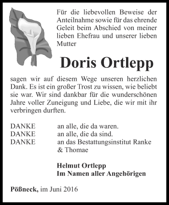 Traueranzeige von Doris Ortlepp von Ostthüringer Zeitung