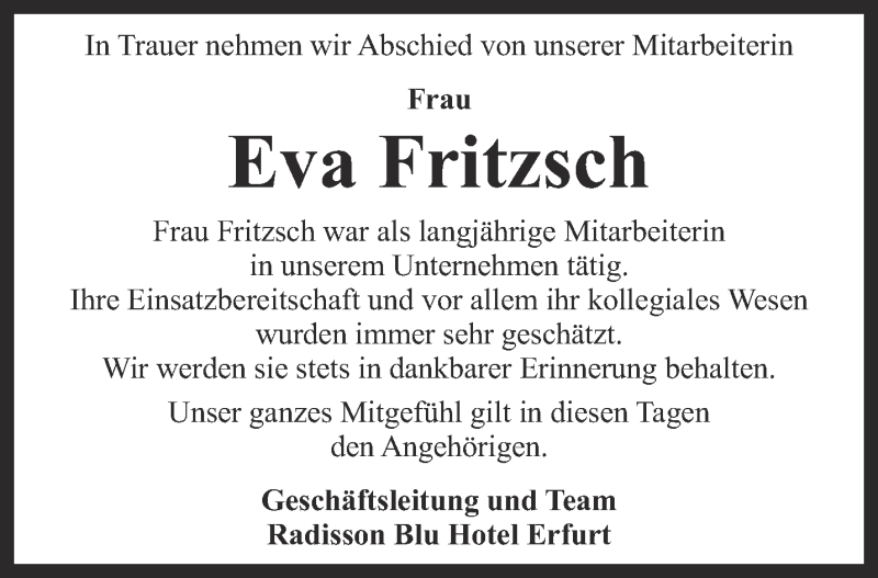  Traueranzeige für Eva Fritzsch vom 09.07.2016 aus Thüringer Allgemeine, Thüringische Landeszeitung