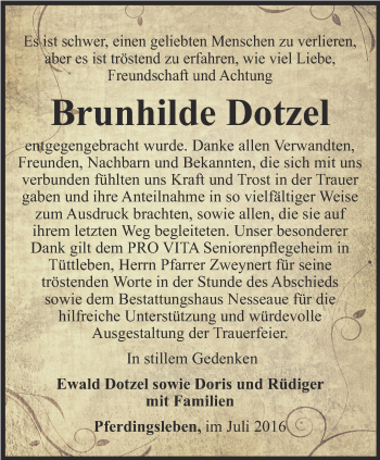 Traueranzeige von Brunhilde Dotzel von Ostthüringer Zeitung, Thüringische Landeszeitung