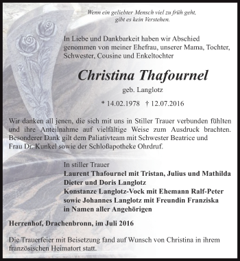 Traueranzeige von Christina Thafournel von Ostthüringer Zeitung, Thüringische Landeszeitung