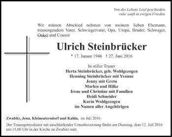 Traueranzeige von Ulrich Steinbrücker von Ostthüringer Zeitung, Thüringische Landeszeitung