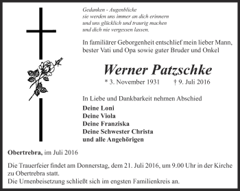 Traueranzeige von Werner Patzschke von Thüringer Allgemeine, Thüringische Landeszeitung