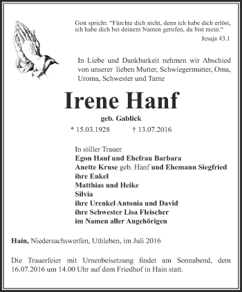 Traueranzeige von Irene Hanf von Thüringer Allgemeine