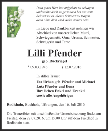 Traueranzeige von Lilli Pfender von Thüringer Allgemeine