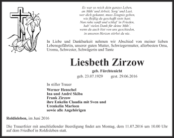 Traueranzeige von Liesbeth Zirzow von Thüringer Allgemeine
