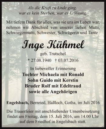 Traueranzeige von Inge Kühmel von Ostthüringer Zeitung, Thüringische Landeszeitung