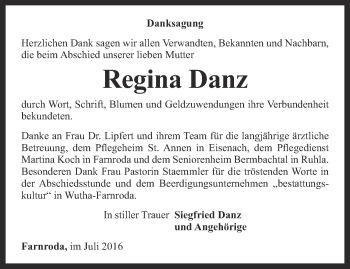 Traueranzeige von Regina Danz von Thüringer Allgemeine, Thüringische Landeszeitung