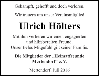 Traueranzeige von Ulrich Hölters von Ostthüringer Zeitung