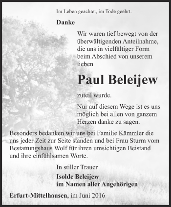 Traueranzeige von Paul Beleijew von Thüringer Allgemeine, Thüringische Landeszeitung