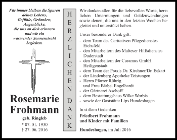 Traueranzeige von Rosemarie Frohmann von Thüringer Allgemeine