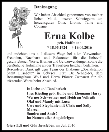 Traueranzeige von Erna Kolbe von Ostthüringer Zeitung, Thüringische Landeszeitung