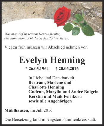 Traueranzeige von Evelyn Henning von Thüringer Allgemeine, Thüringische Landeszeitung