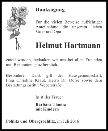 Traueranzeige von Helmut Hartmann von Ostthüringer Zeitung