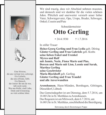 Traueranzeige von Otto Gerling von Thüringer Allgemeine
