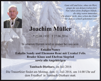 Traueranzeige von Joachim Müller von Ostthüringer Zeitung, Thüringische Landeszeitung