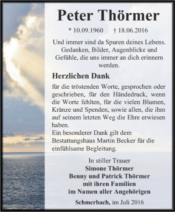 Traueranzeige von Peter Thörmer von Ostthüringer Zeitung, Thüringische Landeszeitung