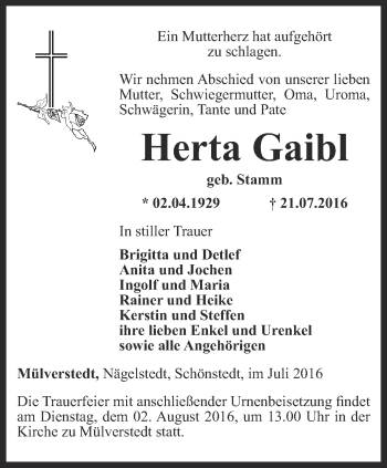 Traueranzeige von Herta Gaibl von Thüringer Allgemeine, Thüringische Landeszeitung