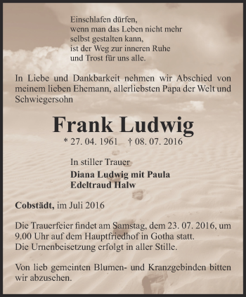 Traueranzeige von Frank Ludwig von Ostthüringer Zeitung, Thüringische Landeszeitung