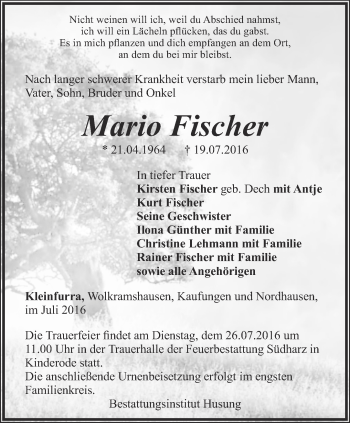 Traueranzeige von Mario Fischer von Thüringer Allgemeine