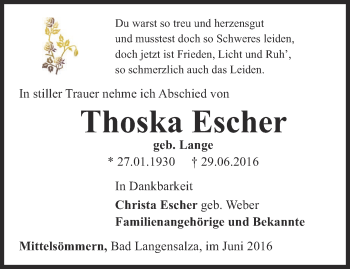 Traueranzeige von Thoska Escher von Thüringer Allgemeine, Thüringische Landeszeitung