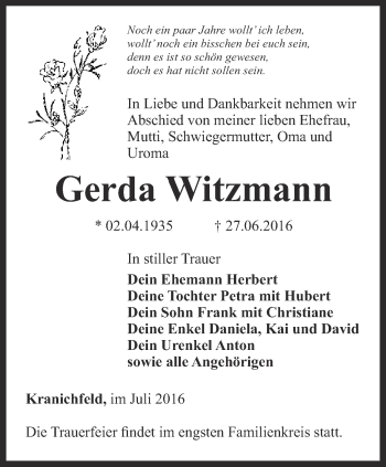Traueranzeige von Gerda Witzmann von Thüringer Allgemeine, Thüringische Landeszeitung
