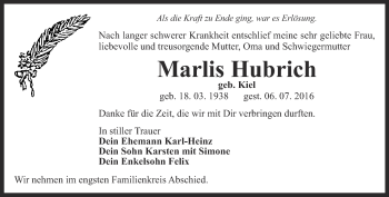 Traueranzeige von Marlis Hubrich