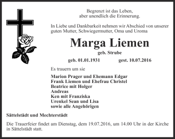 Traueranzeige von Marga Liemen von Ostthüringer Zeitung, Thüringische Landeszeitung