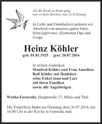 Traueranzeige von Heinz Köhler von Thüringer Allgemeine, Thüringische Landeszeitung