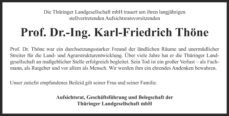  Traueranzeige für Karl-Friedrich Thöne vom 22.07.2016 aus Thüringer Allgemeine, Thüringische Landeszeitung