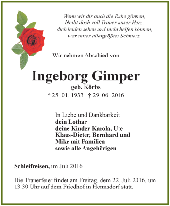 Traueranzeige von Ingeborg Gimper von Ostthüringer Zeitung