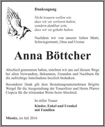 Traueranzeige von Anna Böttcher von Ostthüringer Zeitung