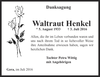 Traueranzeige von Waltraut Henkel von Ostthüringer Zeitung