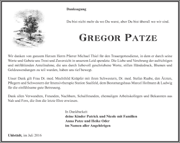 Traueranzeige von Gregor Patze von Ostthüringer Zeitung