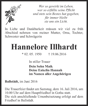 Traueranzeige von Hannelore Illhardt von Ostthüringer Zeitung, Thüringische Landeszeitung