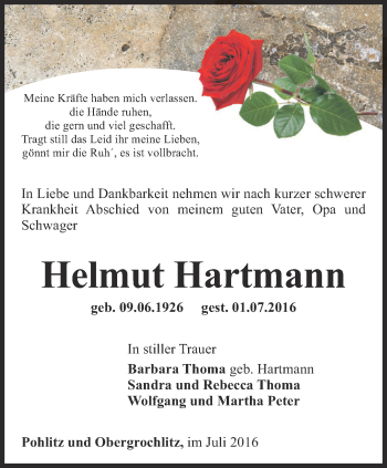 Traueranzeige von Helmut Hartmann von Ostthüringer Zeitung