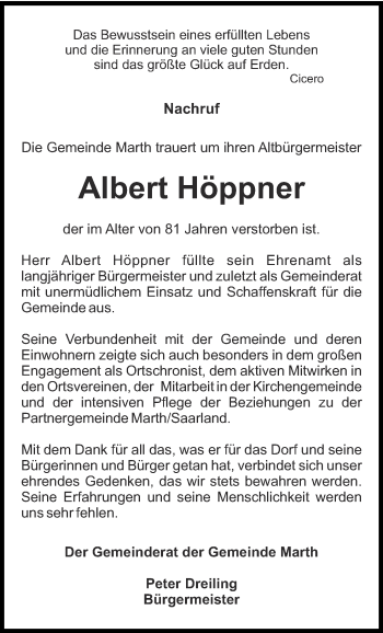 Traueranzeige von Albert Höppner von Thüringer Allgemeine