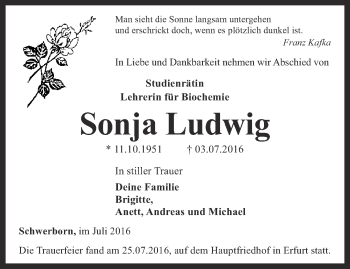 Traueranzeige von Sonja Ludwig von Thüringer Allgemeine, Thüringische Landeszeitung