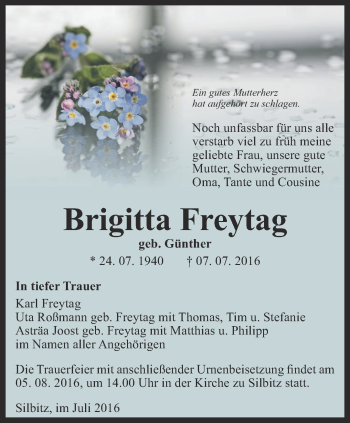 Traueranzeige von Brigitta Freytag von Ostthüringer Zeitung