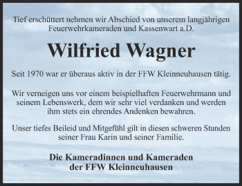 Traueranzeige von Wilfried Wagner von Thüringer Allgemeine